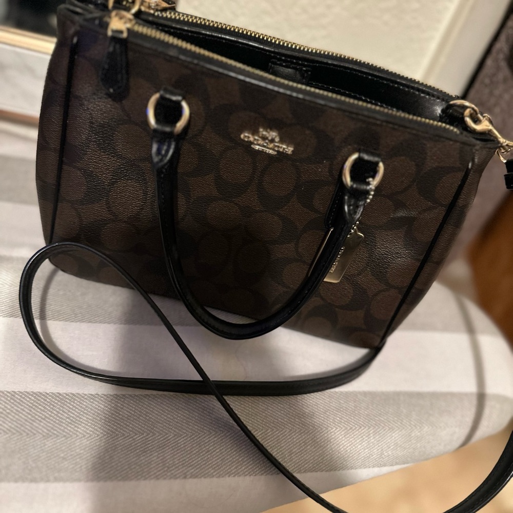Coach mini surrey carryall crossbody purse brown signature canvas gold accents.
